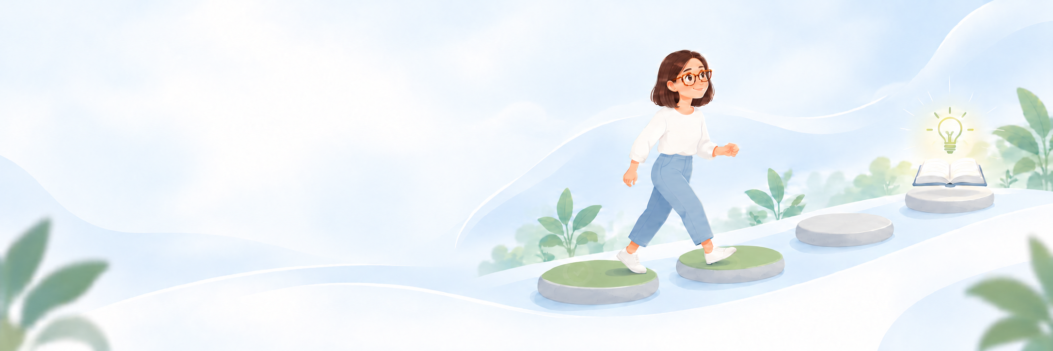 A smiling learner takes one small step along a path of completed milestones toward a book and a bright idea.